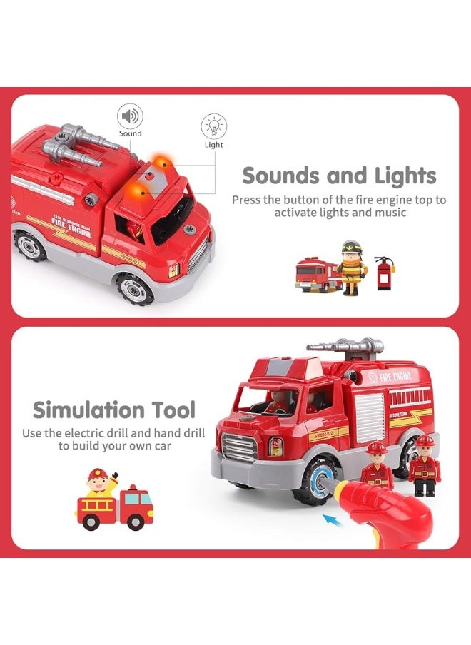 REMOKING Take Apart Toy, Learning Car Toy for Boys & Girls, Build Your Own Car Toy Fire Truck,Educational Playset with Tools and Power Drill, DIY Assembly Car with Realistic Sounds & Lights (3+ Ages)