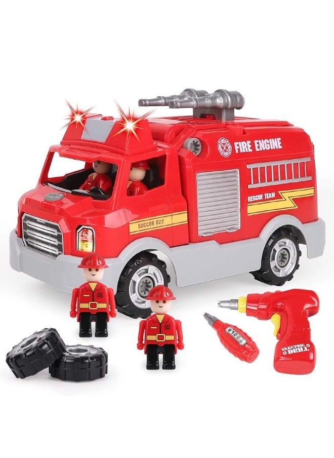 REMOKING Take Apart Toy, Learning Car Toy for Boys & Girls, Build Your Own Car Toy Fire Truck,Educational Playset with Tools and Power Drill, DIY Assembly Car with Realistic Sounds & Lights (3+ Ages)