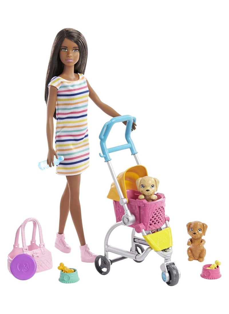 Barbie ​ Stroll ‘n Play Pups Playset with Brunette Doll (11.5-inch), 2 Puppies, Pet Stroller and Accessories