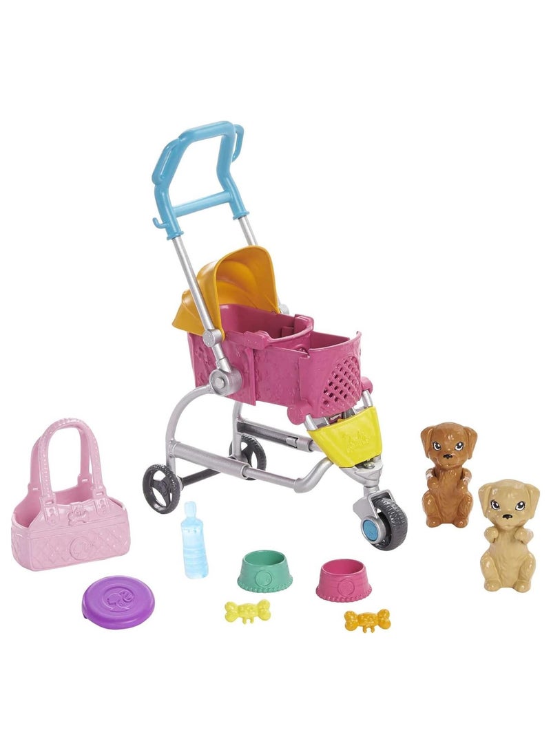 Barbie ​ Stroll ‘n Play Pups Playset with Brunette Doll (11.5-inch), 2 Puppies, Pet Stroller and Accessories