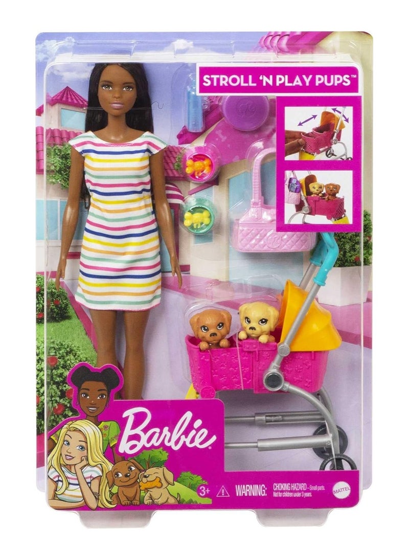 Barbie ​ Stroll ‘n Play Pups Playset with Brunette Doll (11.5-inch), 2 Puppies, Pet Stroller and Accessories