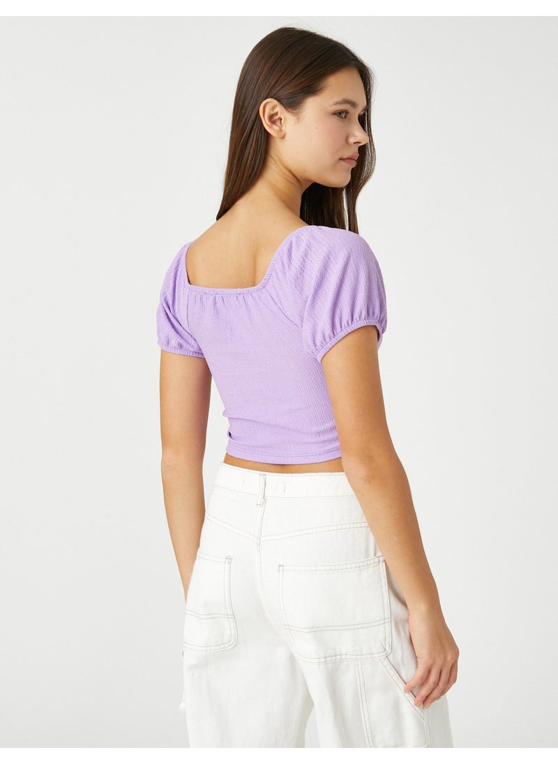 Crop T-Shirt Balloon Sleeves Gather Detailed V-Neck