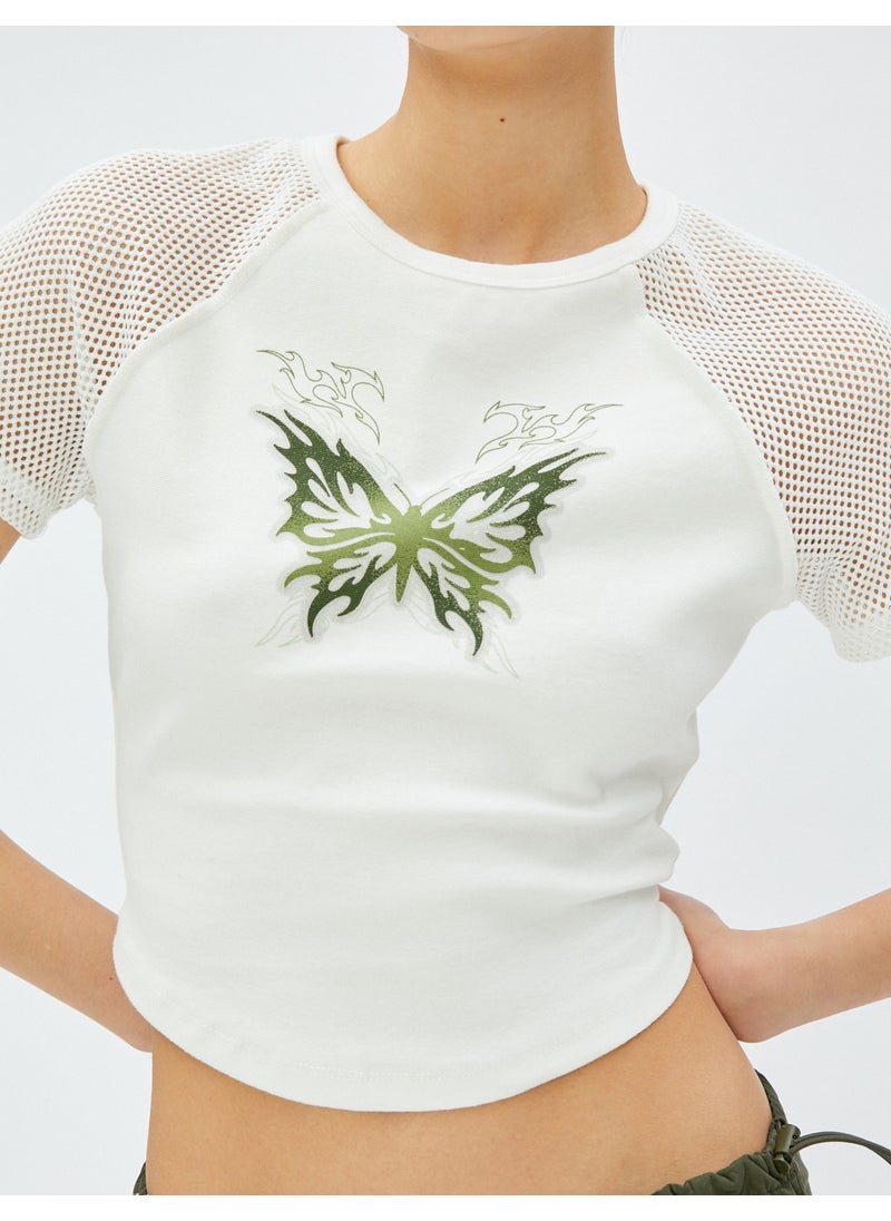 Crop T-Shirt Printed Mesh Detailed Crew Neck Cotton