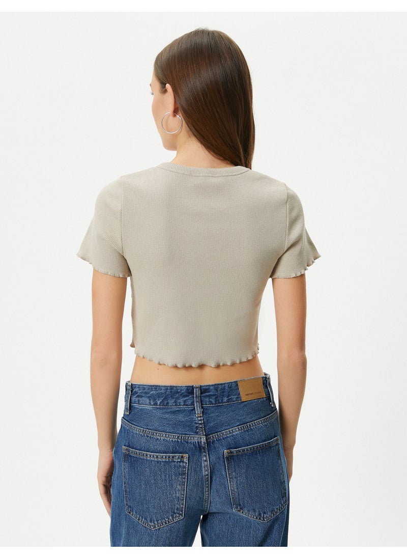 V-Neck Crop T-Shirt Ribbed Short Sleeve Button Detailed