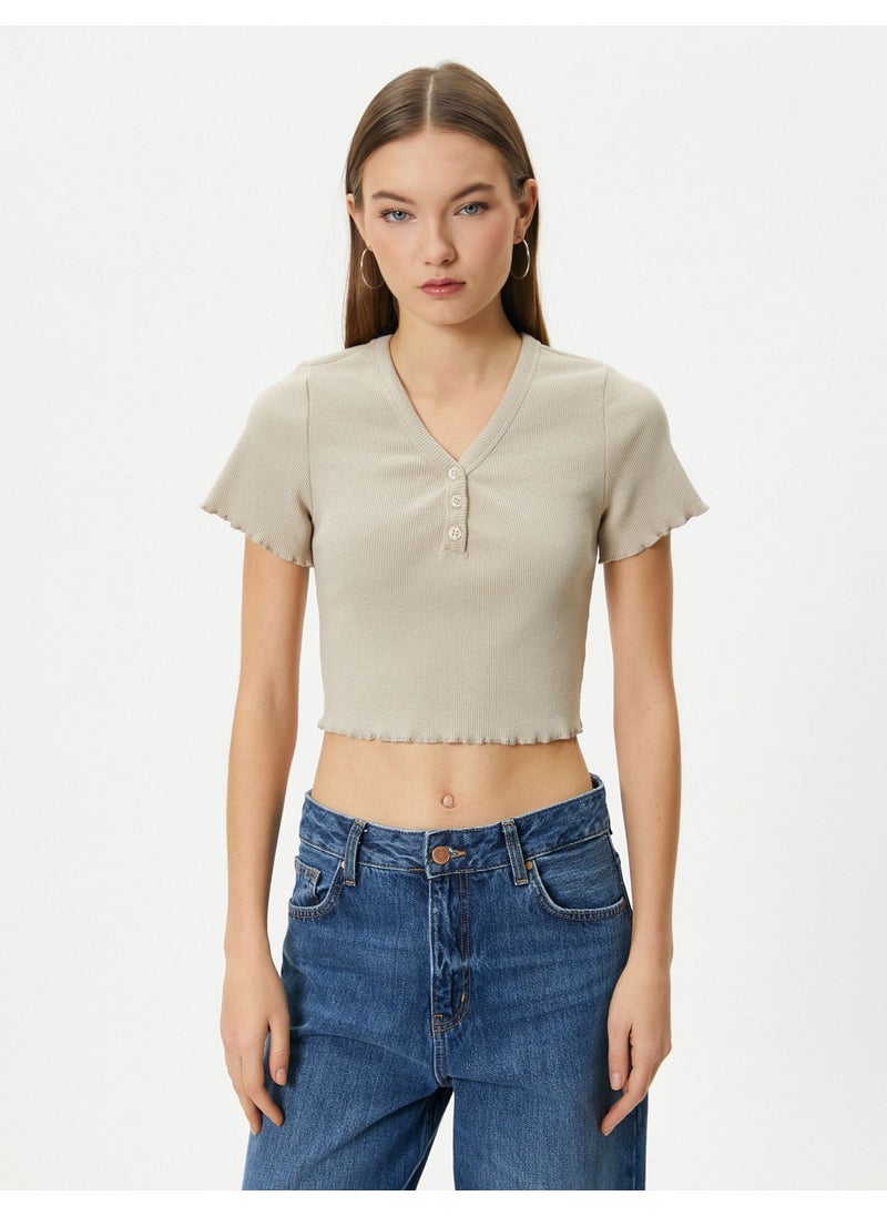 V-Neck Crop T-Shirt Ribbed Short Sleeve Button Detailed