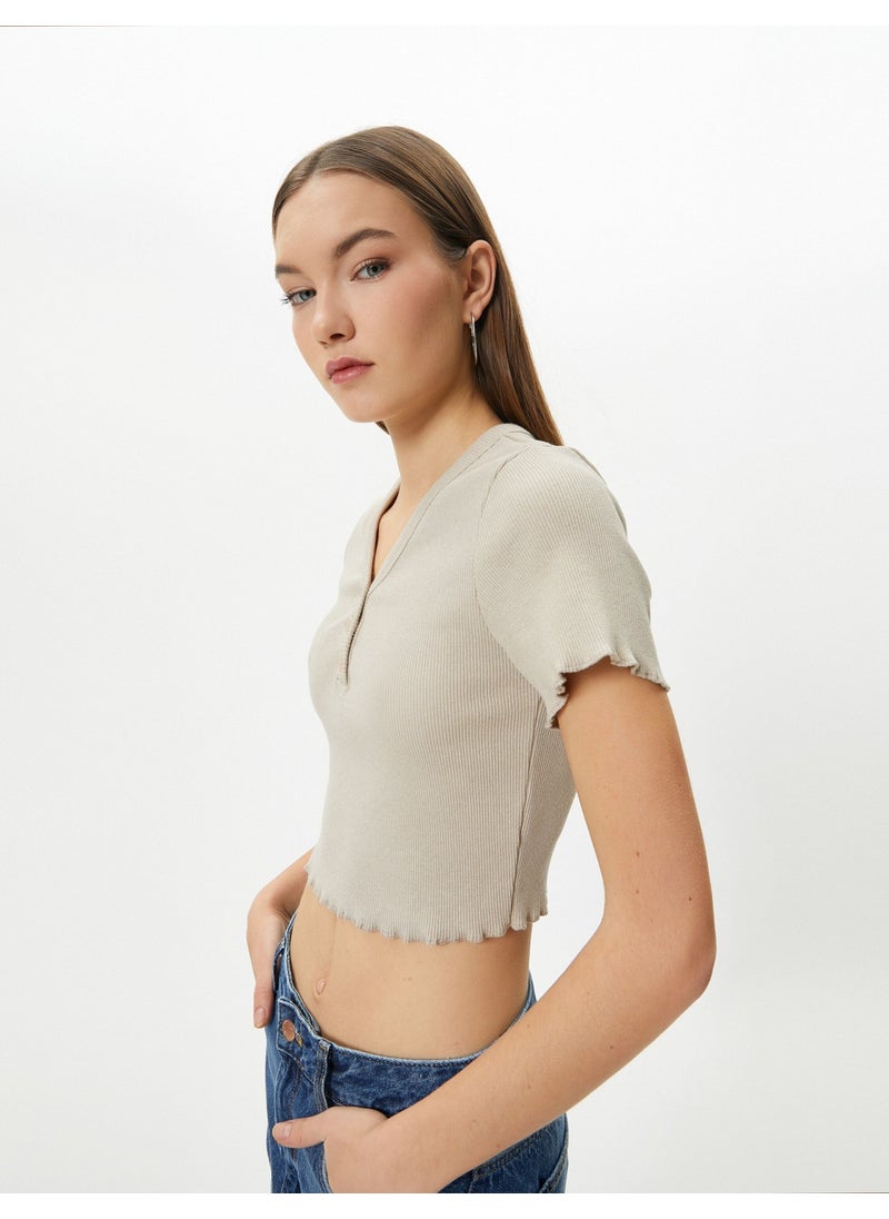 V-Neck Crop T-Shirt Ribbed Short Sleeve Button Detailed