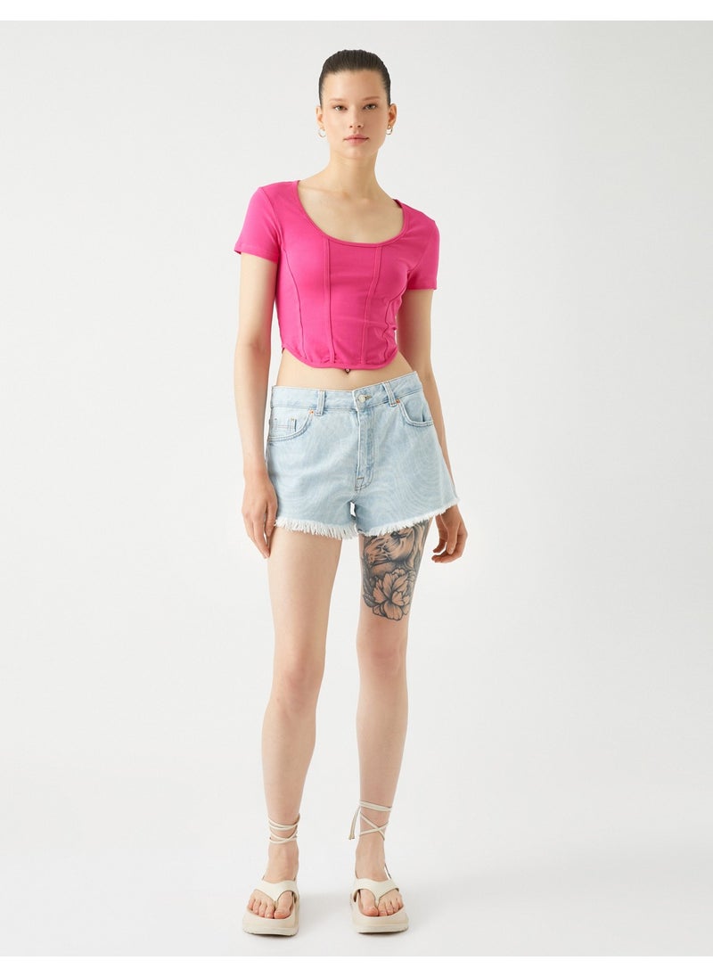 Crop T-Shirt Cotton Round Neck Ribbed Short Sleeve