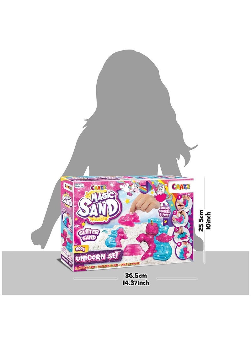 Magic Sand Unicorn Set | Kinetic Sand with Glitter | 600 g | Children's Craft Set with Kneading Sand & Unicorn Shapes | Tri-Colour Unicorn Magic Sand