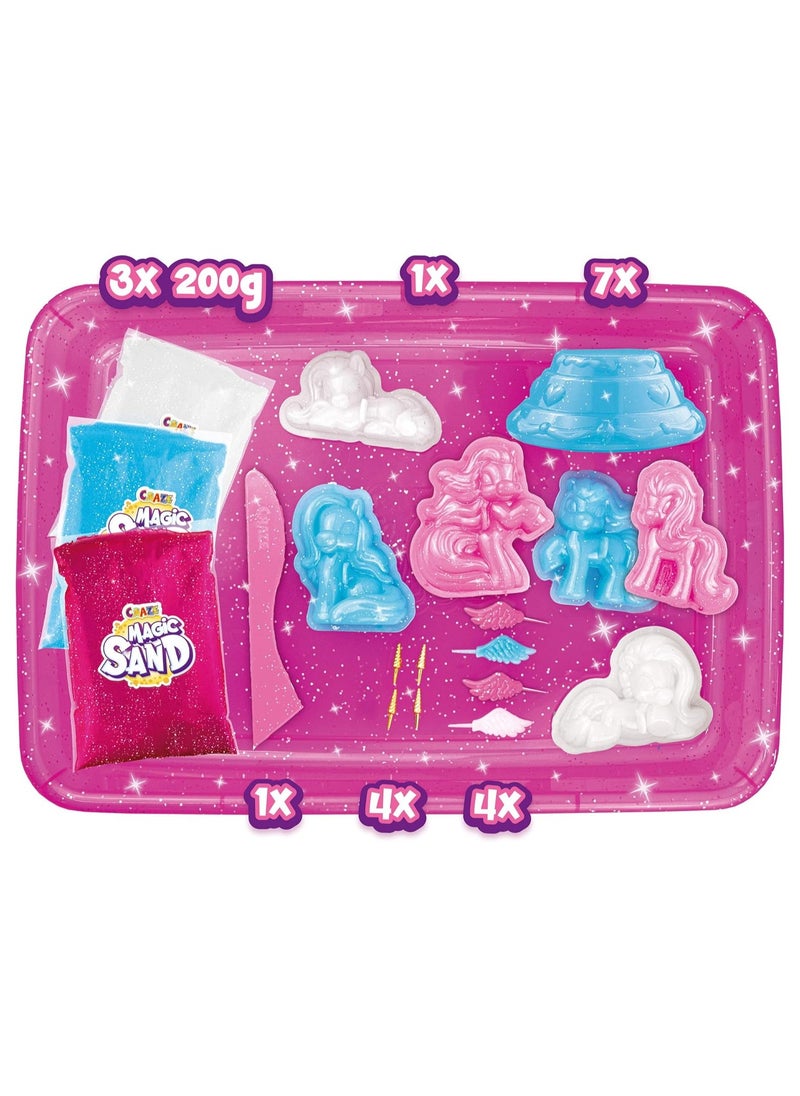 Magic Sand Unicorn Set | Kinetic Sand with Glitter | 600 g | Children's Craft Set with Kneading Sand & Unicorn Shapes | Tri-Colour Unicorn Magic Sand