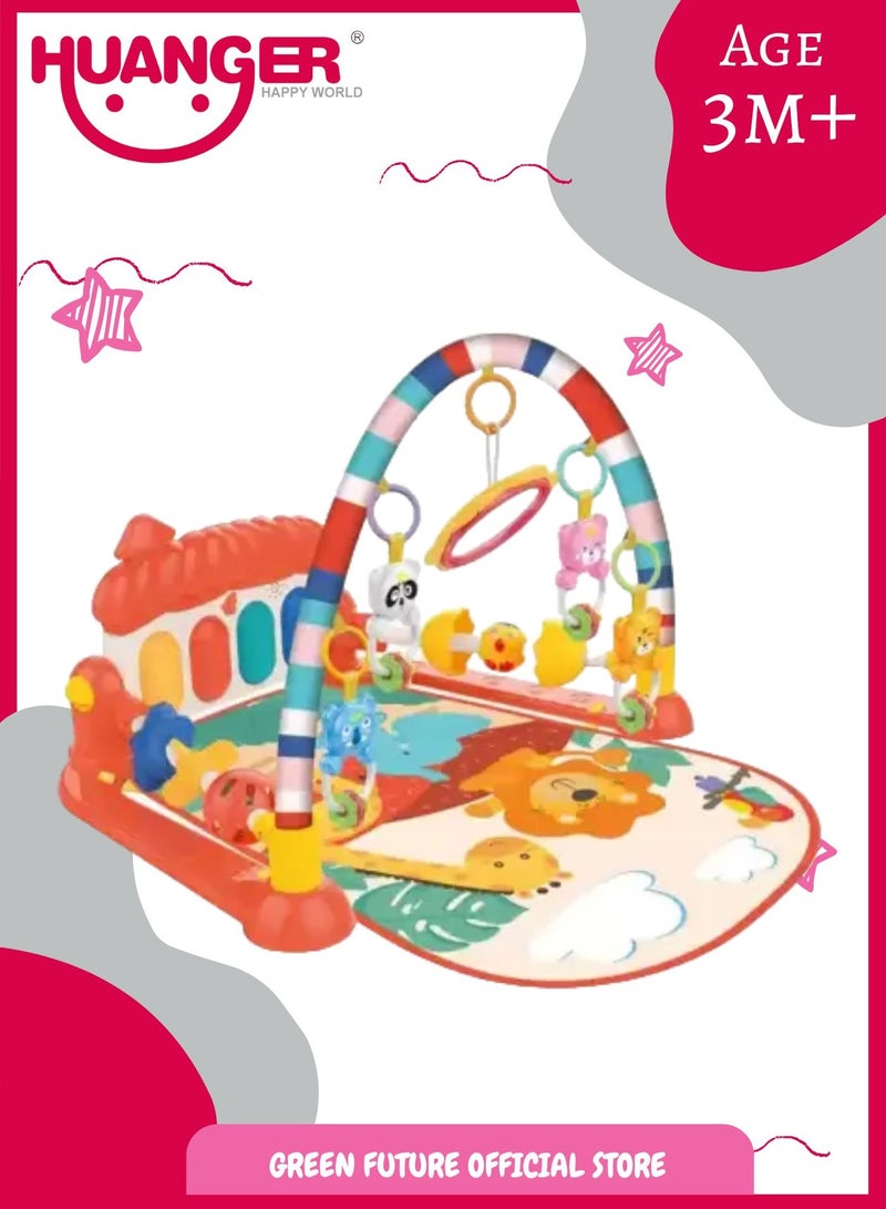 Baby Piano Playmat with Music and Hanging Toys for Newborns and Infants, Soft and Safe Mat, Promotes Sensory and Motor Skills-Red