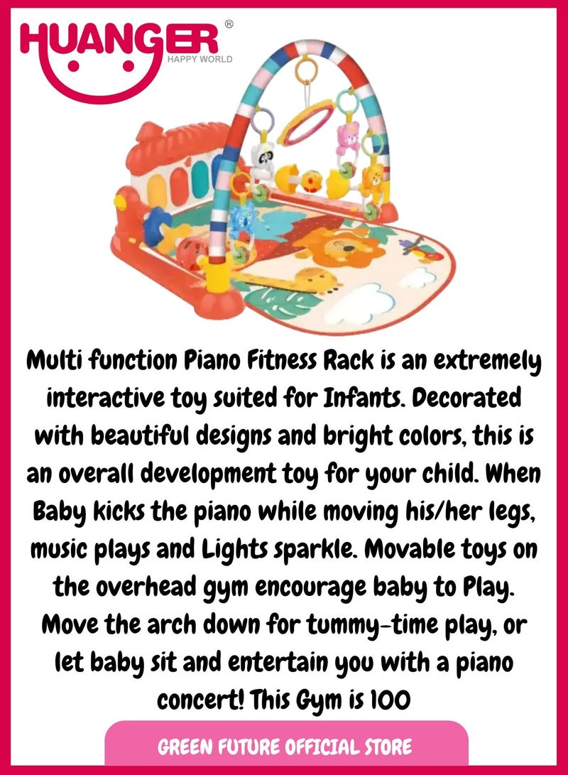 Baby Piano Playmat with Music and Hanging Toys for Newborns and Infants, Soft and Safe Mat, Promotes Sensory and Motor Skills-Red