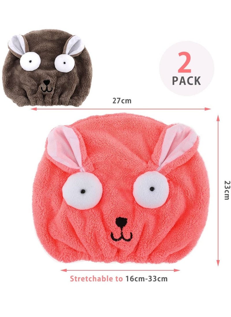 2 Pack Ultra Absorbent Microfibre Hair Towel Turban Cartoon Cute Embroidery Coral Velvet Wet Hair Dry Turban Wrap Quick Dry for Bath Shower