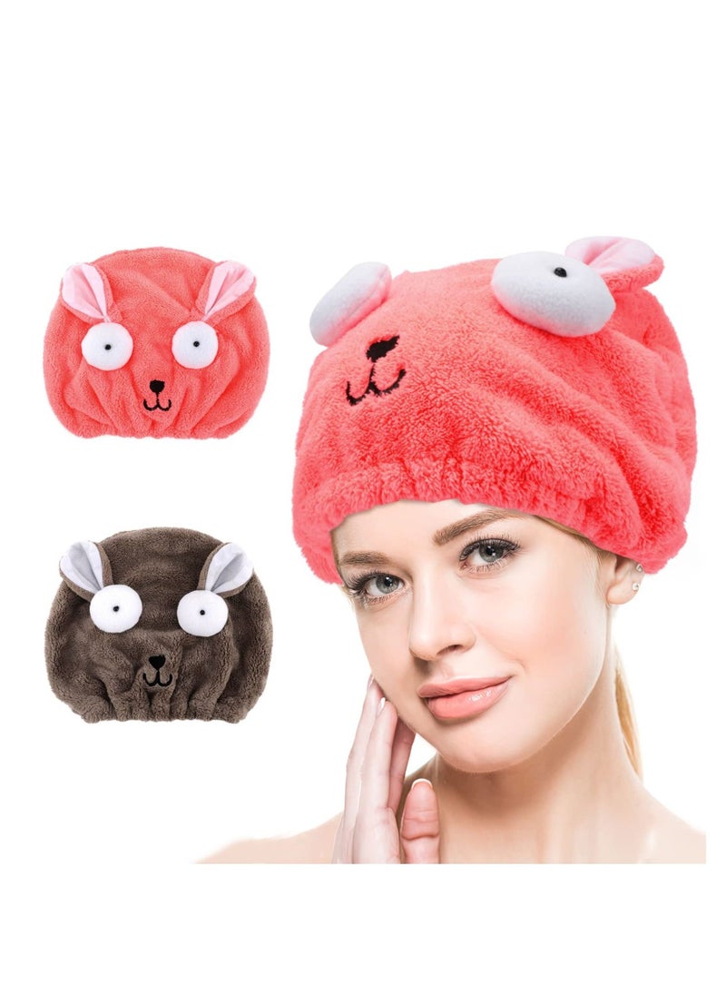 2 Pack Ultra Absorbent Microfibre Hair Towel Turban Cartoon Cute Embroidery Coral Velvet Wet Hair Dry Turban Wrap Quick Dry for Bath Shower