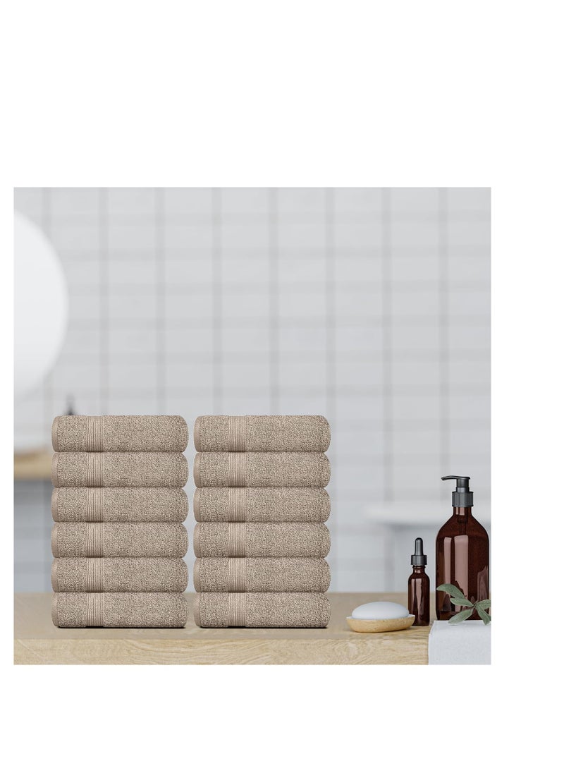 White Classic Resort Collection Soft Washcloth Face & Body Towel Set | 12x12 Luxury Hotel Plush & Absorbent Cotton Washclothes [12 Pack, Taupe]