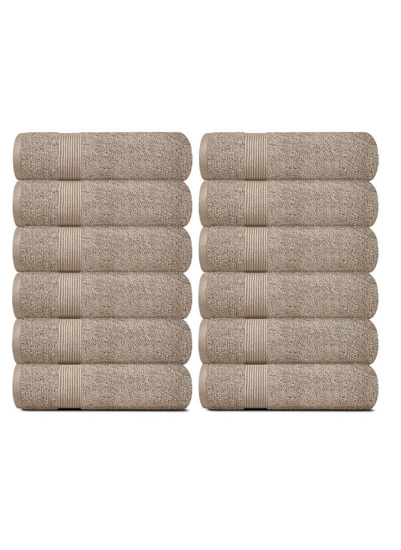 White Classic Resort Collection Soft Washcloth Face & Body Towel Set | 12x12 Luxury Hotel Plush & Absorbent Cotton Washclothes [12 Pack, Taupe]