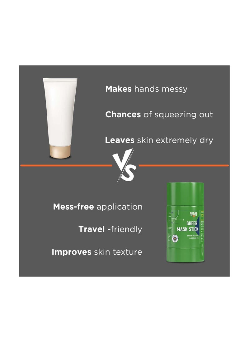 Beardhood Green Tea Cleansing Mask Stick for Face | For Blackheads, Whiteheads & Oil Control | Made in India | Purifying Solid Clay Detox Mud Mask | With Hyaluronic Acid & Green Tea