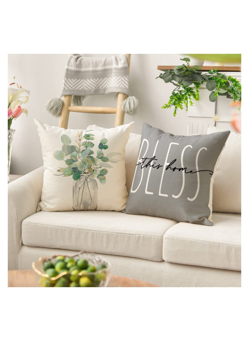 Throw Pillow Covers, Set of 4 Eucalyptus Leaves Throw Pillow Covers Decorative Pillow Cases for Sofa Couch Living Room Outdoor (45 * 45 cm)