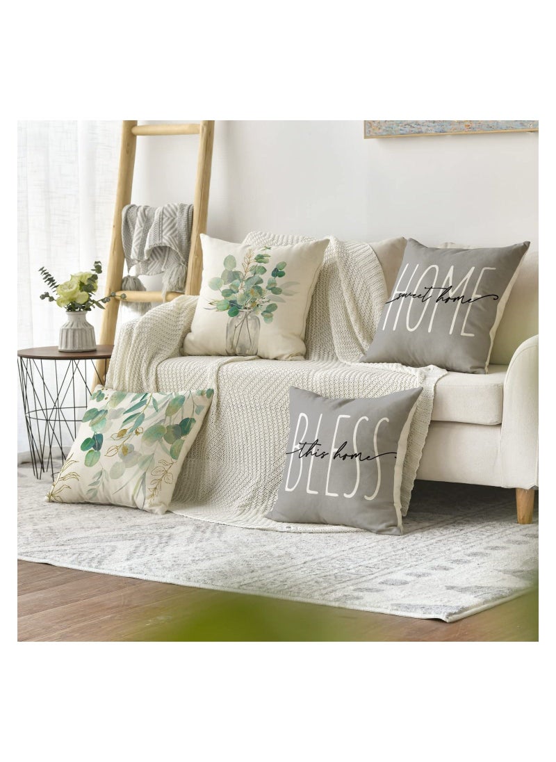 Throw Pillow Covers, Set of 4 Eucalyptus Leaves Throw Pillow Covers Decorative Pillow Cases for Sofa Couch Living Room Outdoor (45 * 45 cm)