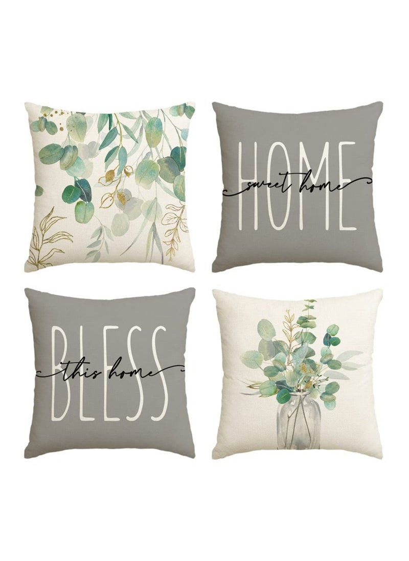 Throw Pillow Covers, Set of 4 Eucalyptus Leaves Throw Pillow Covers Decorative Pillow Cases for Sofa Couch Living Room Outdoor (45 * 45 cm)