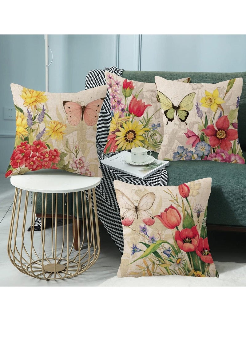 Throw Pillow Covers, 4Pcs Square Decorative Spring Pillow Covers, Soft Linen Print Flower Butterfly Pillowcases for Sofa Couch Living Room Outdoor (18 x 18inch)