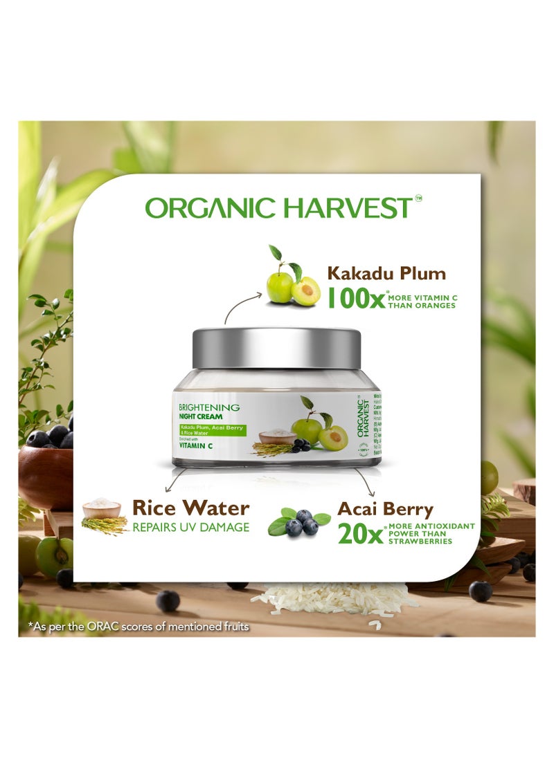 Organic Harvest Brightening Night Cream: Kakadu Plum, Acai Berry & Rice Water | For Glowing Skin | Moisturizing, Vitamin C Face Cream | 100% American Certified Organic | Sulphate & Paraben-free - 50gm