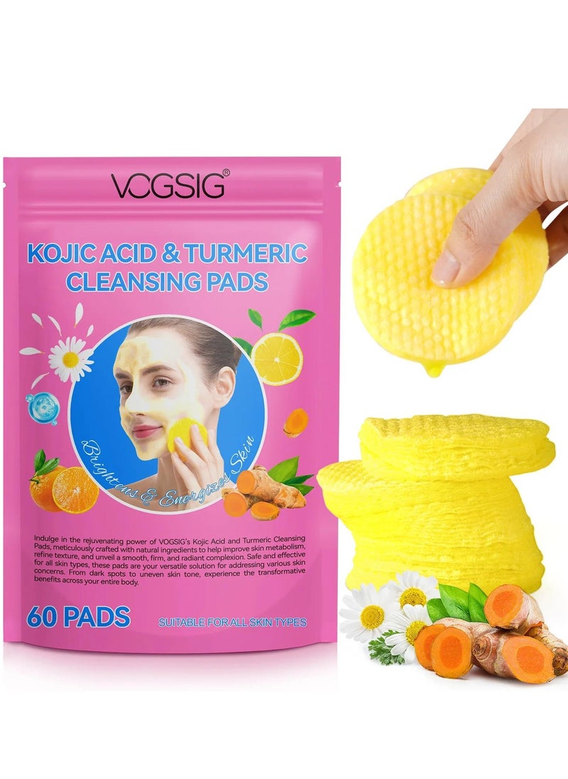 60Pcs Kojic Acid and Turmeric Cleansing Pads for Dark Spots Helps Balance Skin Oil and Water Fade Spot Remove Excess Keratin Clean Oil Refines Pores Turmeric Kojic Acid Cleansing Pads