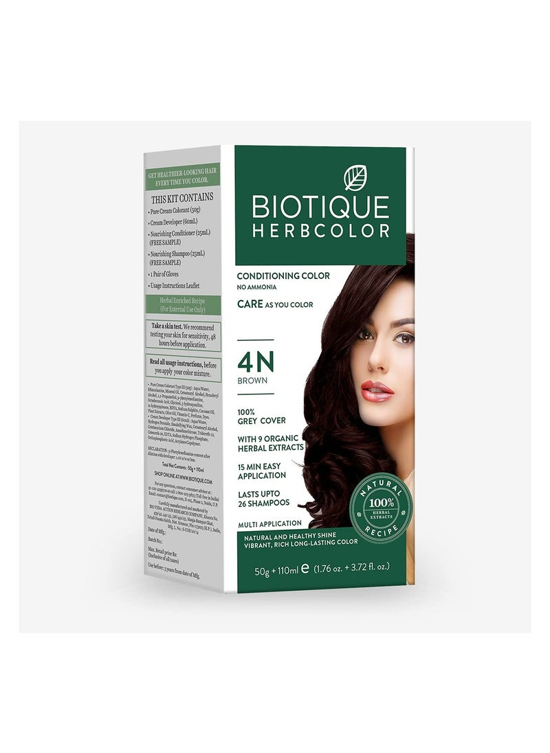 Biotique Herbcolor Conditioning Hair Colour l Ammonia Free Hair Color l 9 Organic Herbal Extracts l Natural and Healthy Shine l 50g + 110ml| Brown 4N (Pack of 1)