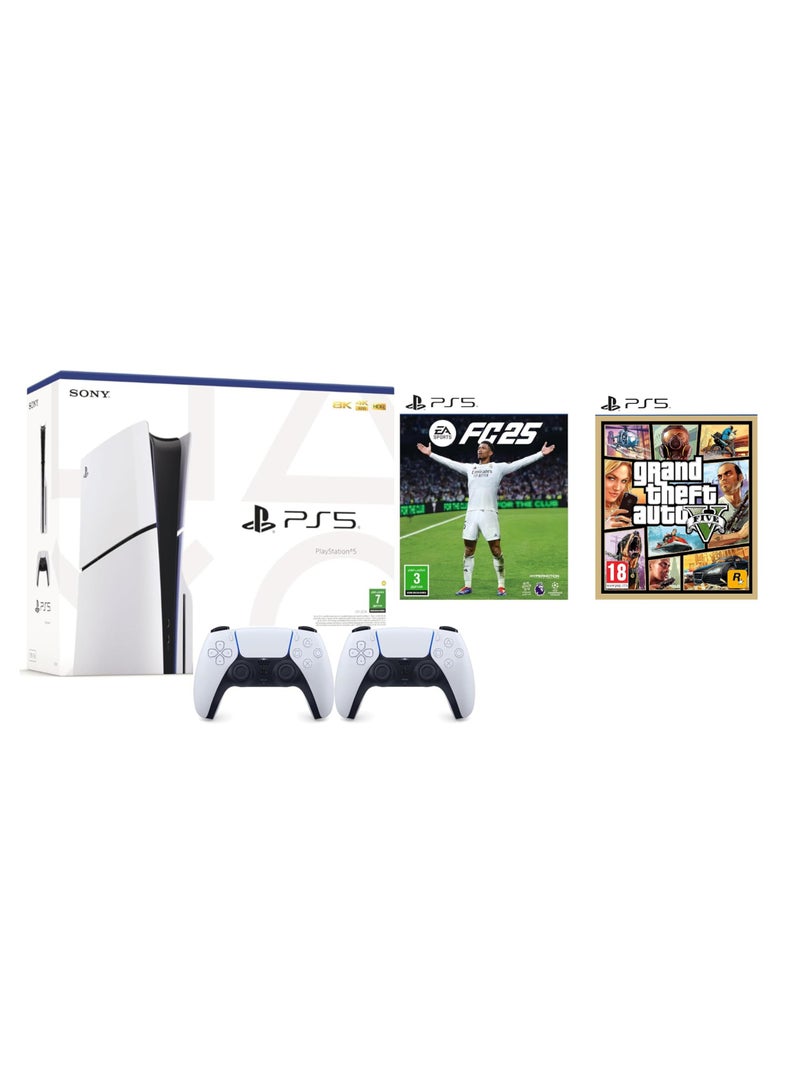 PlayStation 5 Slim Disc Console KSA Version With Extra Controller Grand Theft Auto V (Intel Version) And EA FC 25