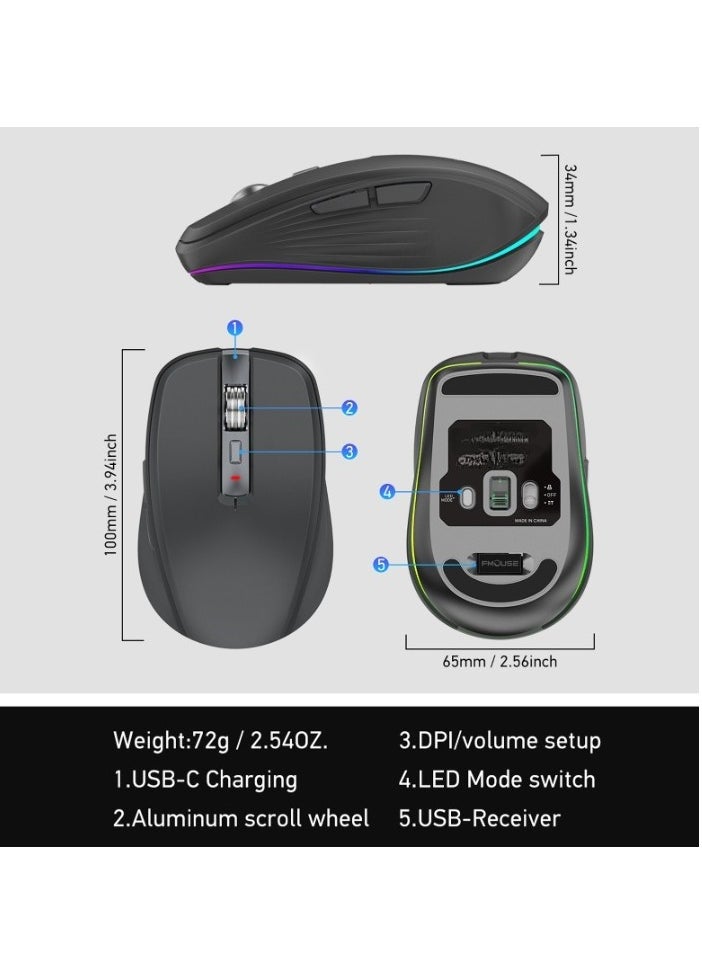 Wireless Mouse, Dual Mode Ergonomic Design Computer Gaming Mouse, 4 Gear Adjustable Dpi Bluetooth Mouse With RGB Lighting, Rechargeable Office Mouse For Laptop PC, (1pc, White)