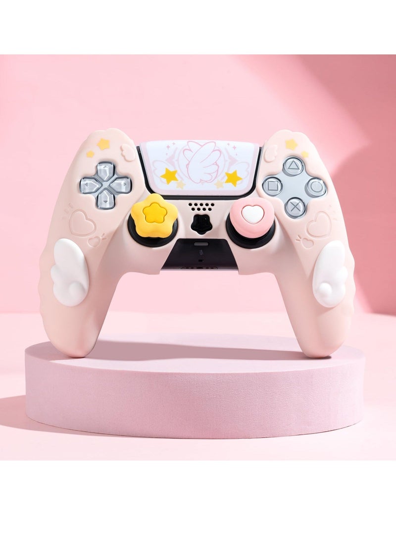 Controller Skin Compatible with PlayStation 5, Cute Star Wings Series Controller Silicone Case for PS5, Kawaii Anti Slip Silicone Controller Case with 2 Thumb Grip Caps and 2 Stickers (Pink)