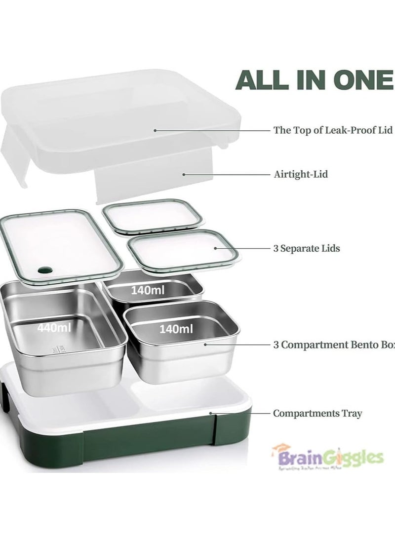 BrainGiggles Insulated Leakproof BPA- Free Stainless Steel Bento Lunchbox, Airtight and Compact Lunch Box for Adults and Kids with 3 Independent Removable Compartments (Purple)