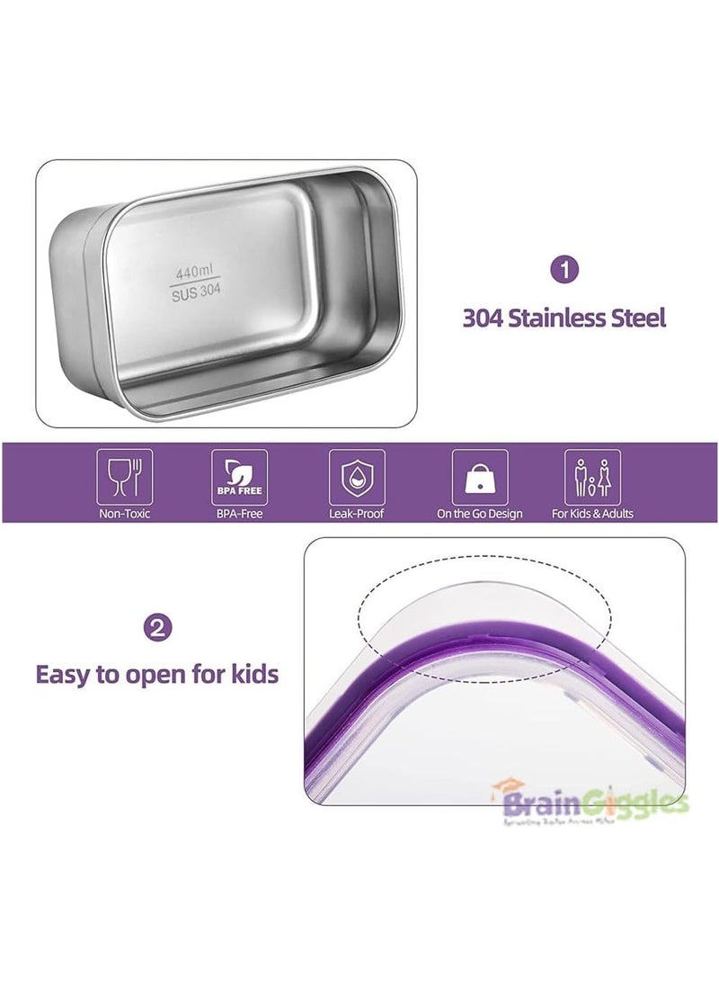 BrainGiggles Insulated Leakproof BPA- Free Stainless Steel Bento Lunchbox, Airtight and Compact Lunch Box for Adults and Kids with 3 Independent Removable Compartments (Purple)