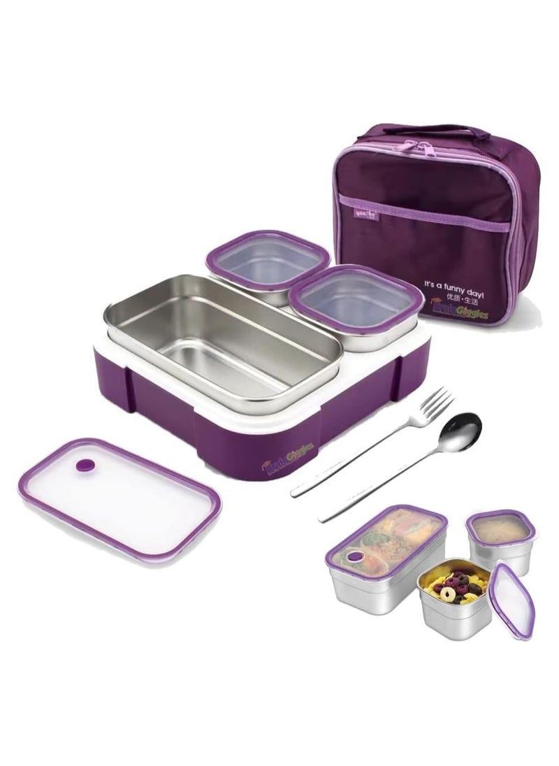 BrainGiggles Insulated Leakproof BPA- Free Stainless Steel Bento Lunchbox, Airtight and Compact Lunch Box for Adults and Kids with 3 Independent Removable Compartments (Purple)