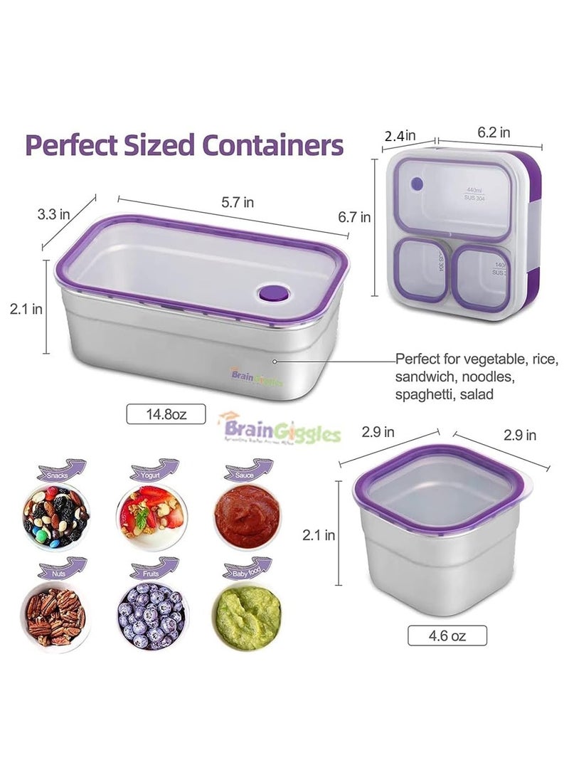 BrainGiggles Insulated Leakproof BPA- Free Stainless Steel Bento Lunchbox, Airtight and Compact Lunch Box for Adults and Kids with 3 Independent Removable Compartments (Purple)