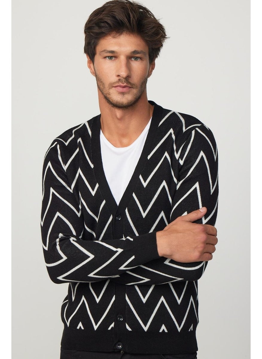 Men's Slim Fit Jacquard Soft Textured Buttoned Black-White Men's Cardigan