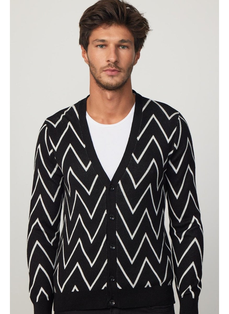 Men's Slim Fit Jacquard Soft Textured Buttoned Black-White Men's Cardigan