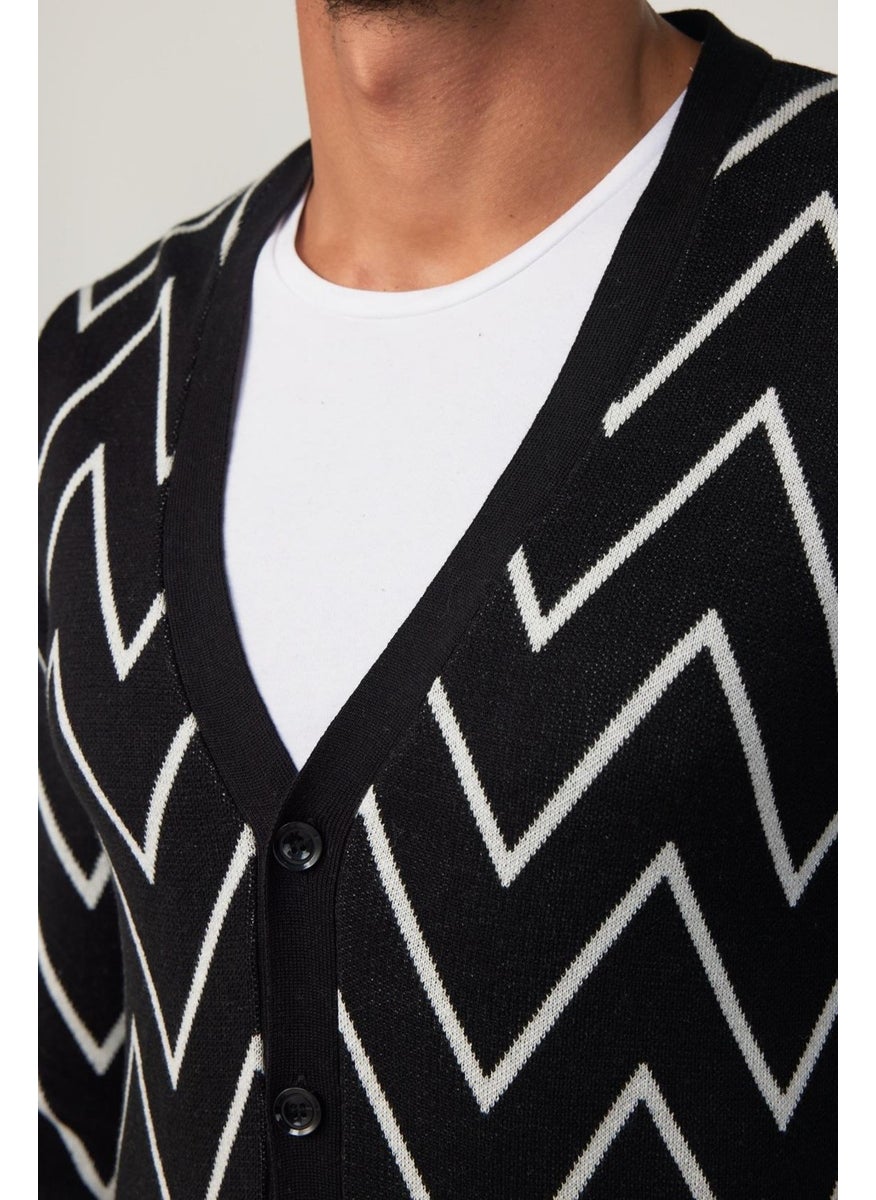 Men's Slim Fit Jacquard Soft Textured Buttoned Black-White Men's Cardigan