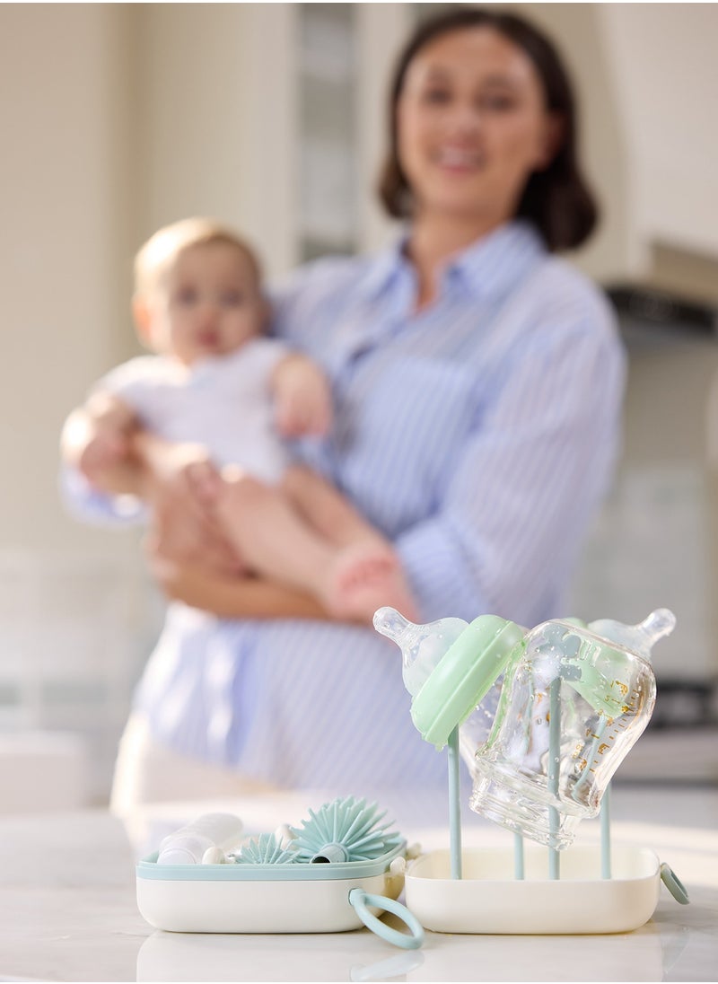 Bottle Brush Set - Baby Bottle Cleaner Kit with Silicone Brush, Nipple Brush, Straw Brush, Soap Dispenser, Drying Rack - 7 in 1 Bottle Cleaning Tool for Home and Travel