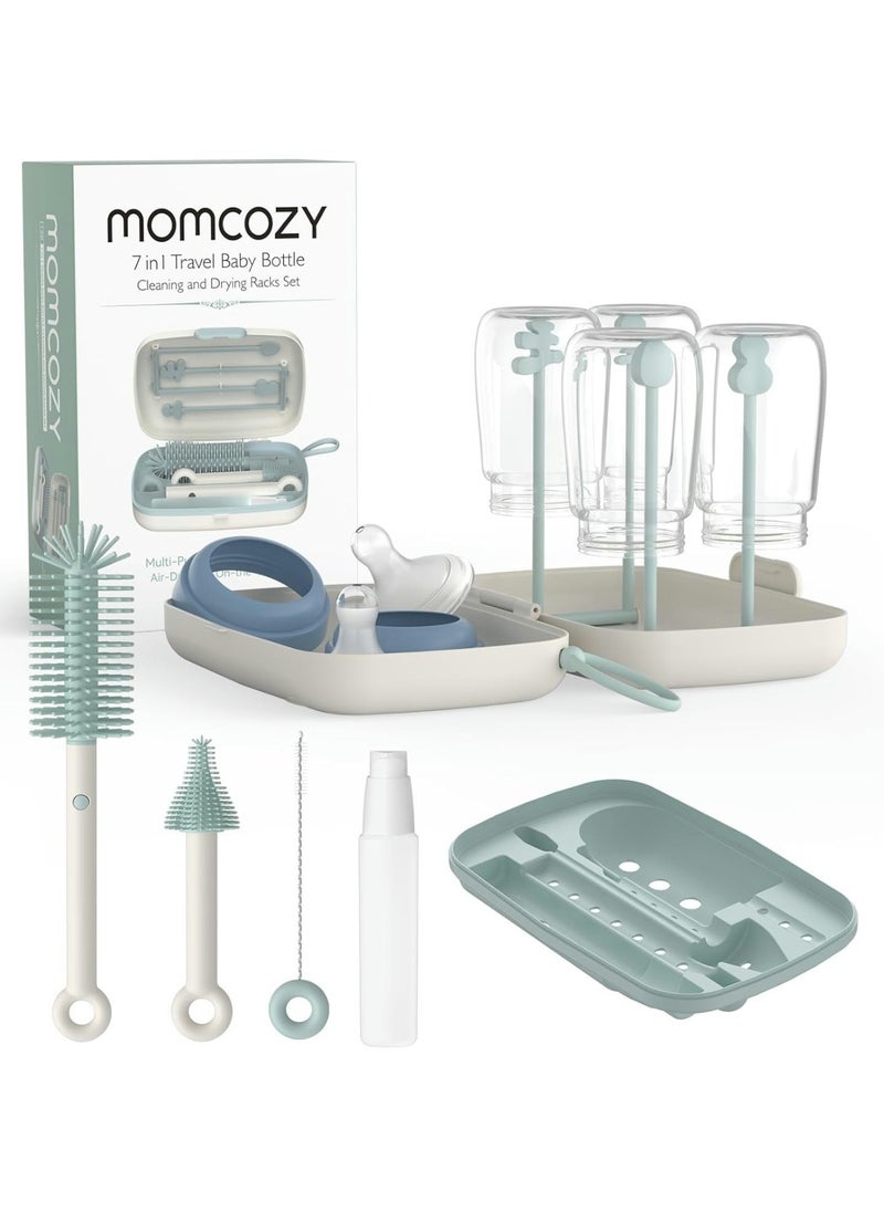 Bottle Brush Set - Baby Bottle Cleaner Kit with Silicone Brush, Nipple Brush, Straw Brush, Soap Dispenser, Drying Rack - 7 in 1 Bottle Cleaning Tool for Home and Travel