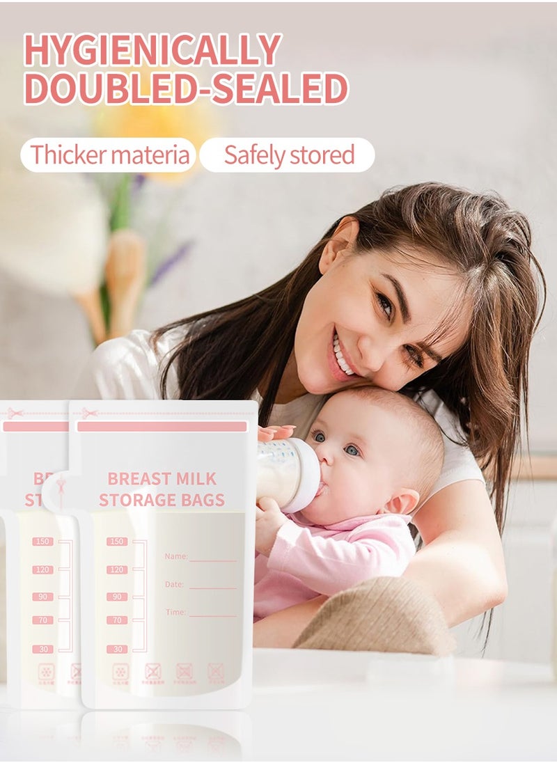 60pcs Breastmilk Storage Bags, 150ml Disposable Milk Storage Bags, 1pcs Marker, Stand-Up, Pre-sterilized, Hygienic Double Seal, Refrigerated and Frozen