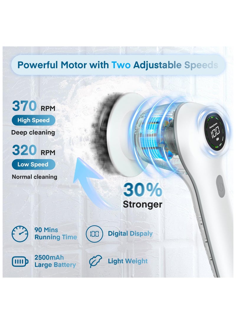 Handheld Electric Cleaning Brush, Wireless Grout Cleaner with 8 Interchangeable Brush Heads, Power Spin Scrubber Joint Brush with LED Display, 2 Modes for Bathroom Car Kitchen Tile Tub Floor, White