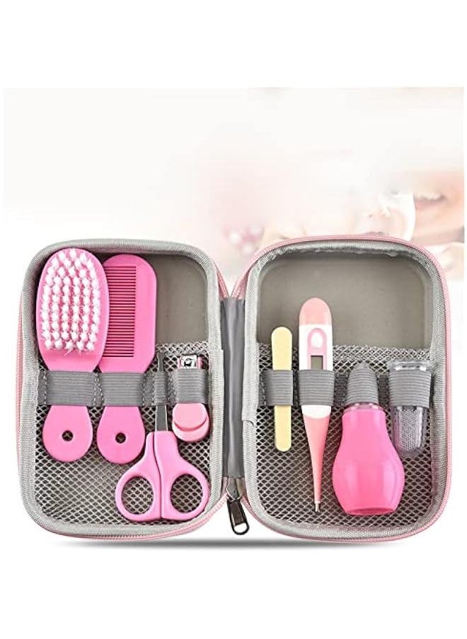 8 in 1 Infants Grooming Kit with Hair Brush Nail Clipper Nose Cleaner Finger Toothbrush Scissor for Infants Care Keep healthe and Cleanse Newborn Care for Infants Care Keep healthe and Clean(Pink)