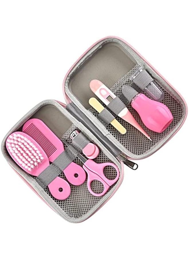 8 in 1 Infants Grooming Kit with Hair Brush Nail Clipper Nose Cleaner Finger Toothbrush Scissor for Infants Care Keep healthe and Cleanse Newborn Care for Infants Care Keep healthe and Clean(Pink)