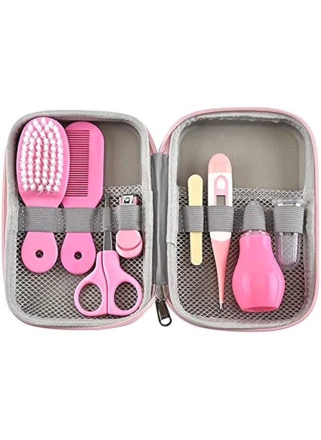 8 in 1 Infants Grooming Kit with Hair Brush Nail Clipper Nose Cleaner Finger Toothbrush Scissor for Infants Care Keep healthe and Cleanse Newborn Care for Infants Care Keep healthe and Clean(Pink)