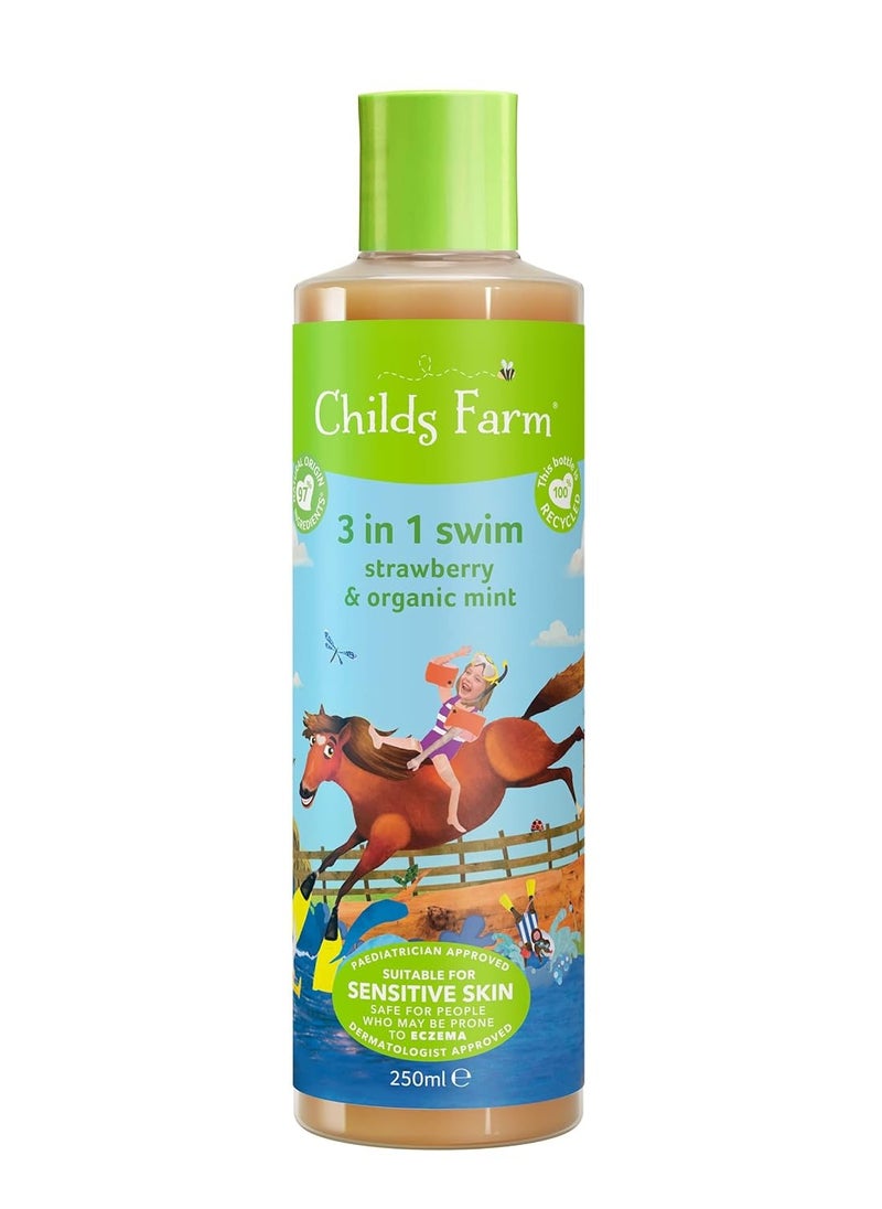 Childs Farm, Kids 3 in 1 Swim, Strawberry and Organic Mint 250 ml, Body Wash, Shampoo and Conditioner, Suitable for Dry, Sensitive and Eczema-Prone Skin