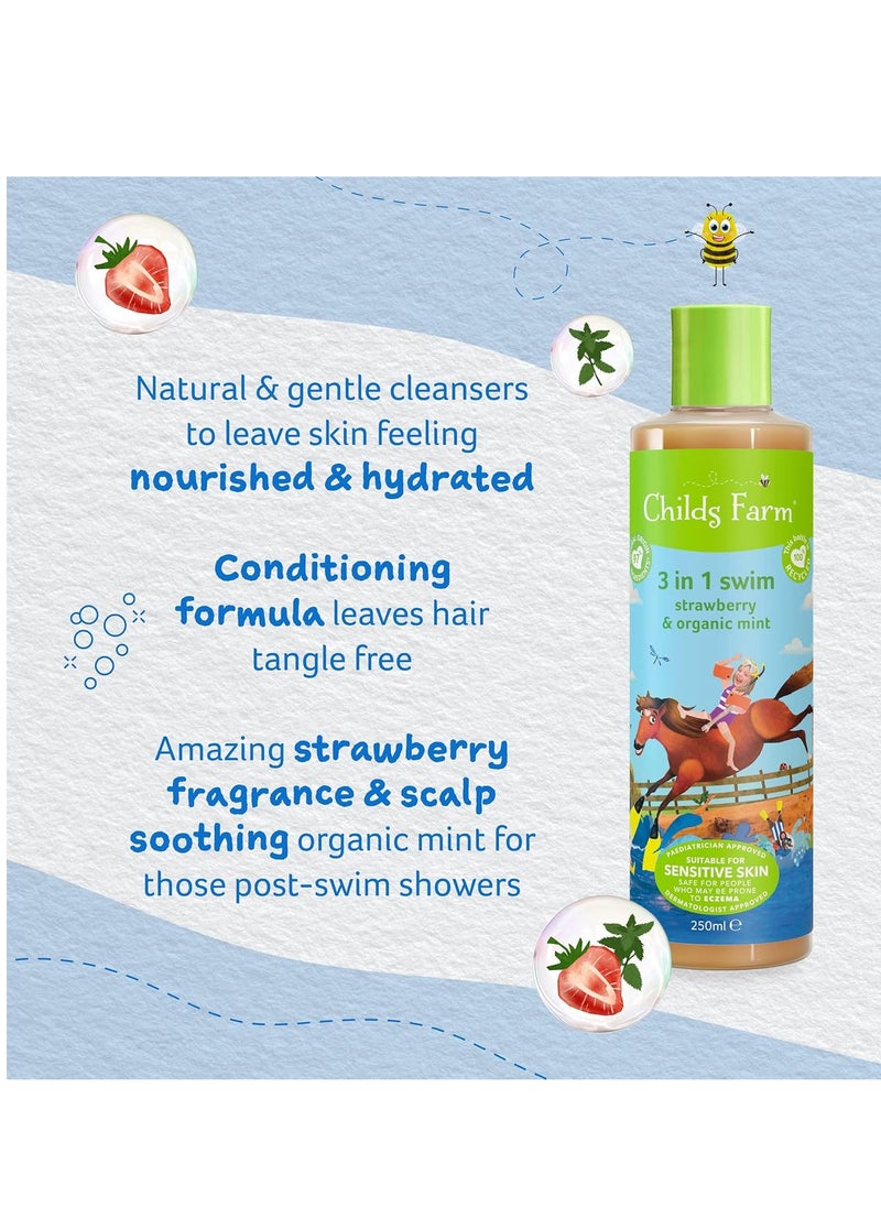 Childs Farm, Kids 3 in 1 Swim, Strawberry and Organic Mint 250 ml, Body Wash, Shampoo and Conditioner, Suitable for Dry, Sensitive and Eczema-Prone Skin