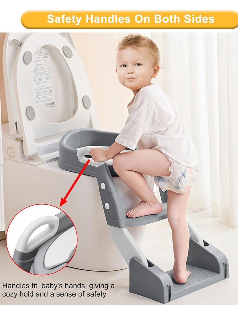 Juud 2 in 1 Foldable Kids Potty Training Seat with Ladder Step Stool Comfortable Non-Slip Kids Toilet Seat for Boys Girls Adjustable 3 Step Toddler Toilet Seat with Handle and Anti-Slip Pads