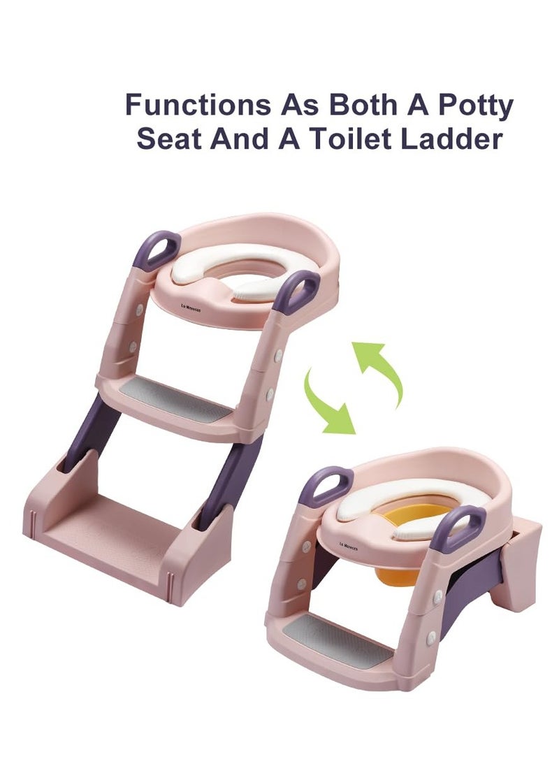 Juud 2 in 1 Foldable Kids Potty Training Seat with Ladder Step Stool Comfortable Non-Slip Kids Toilet Seat for Boys Girls Adjustable 3 Step Toddler Toilet Seat with Handle and Anti-Slip Pads