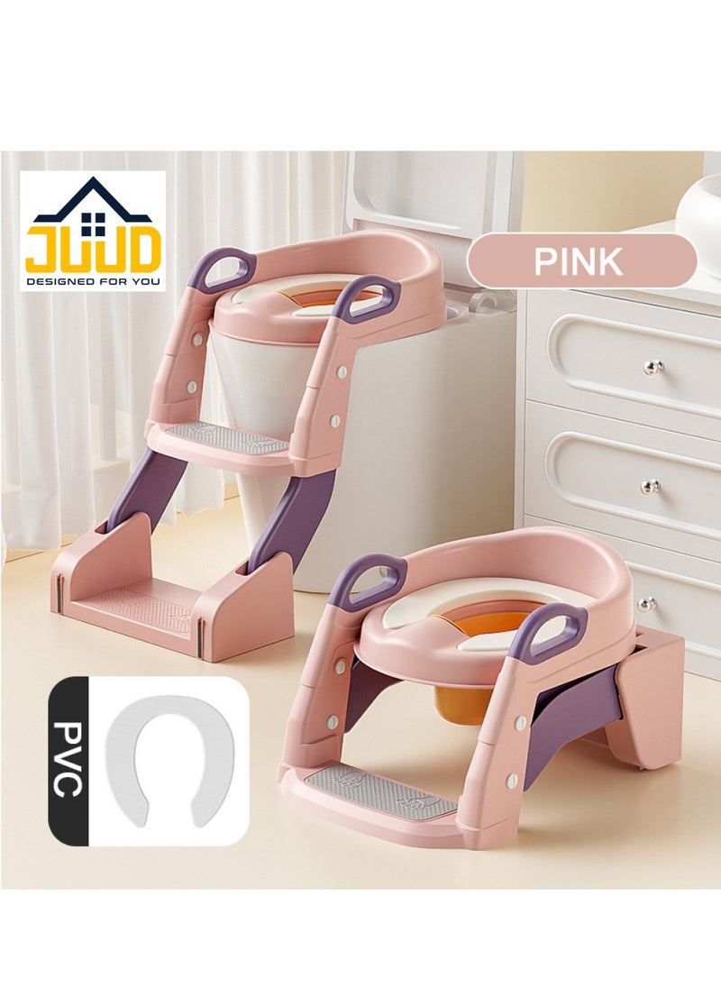 Juud 2 in 1 Foldable Kids Potty Training Seat with Ladder Step Stool Comfortable Non-Slip Kids Toilet Seat for Boys Girls Adjustable 3 Step Toddler Toilet Seat with Handle and Anti-Slip Pads