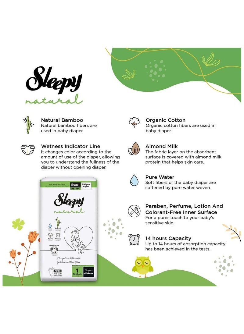 Sleepy Natural Size 1 (NewBorn)  200 Count  2-5Kg Hypoallergenic Baby Dry Diapers  Organic Cotton  Highly Absorbent  Bamboo Extract  Ultimate Comfort and Dryness  100% Leakage Protection